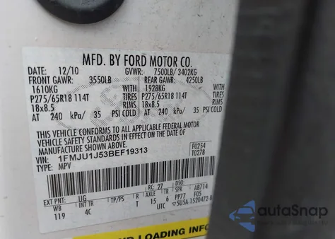 2011 Ford Expedition Xlt из США, поврежденный, VIN 1FMJU1J53BEF19313